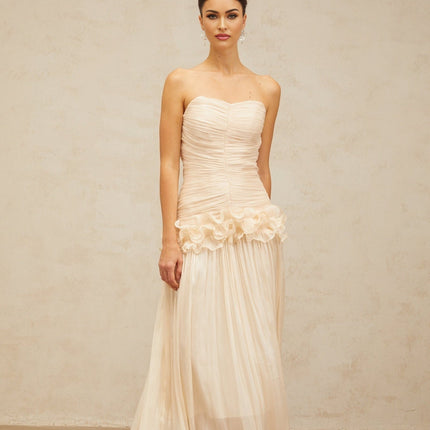 Dakota Neutrals Glitter Corset Maxi Dress Terylene Fiber Pleated Ruffled Half Lined Rear Zip Strapless Elegant Sophisticated Glamorous