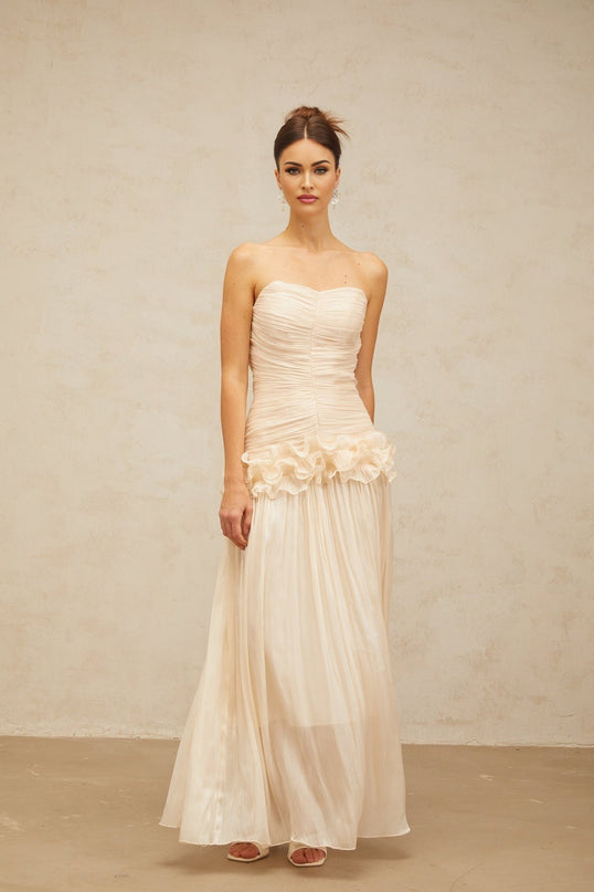 Dakota Neutrals Glitter Corset Maxi Dress Terylene Fiber Pleated Ruffled Half Lined Rear Zip Strapless Elegant Sophisticated Glamorous