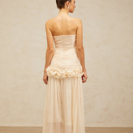 Dakota Neutrals Glitter Effect Maxi Dress Terylene Fiber Corset Strapless Pleated Skirt Ruffled Detailing Half Lining Rear Zip Fastening
