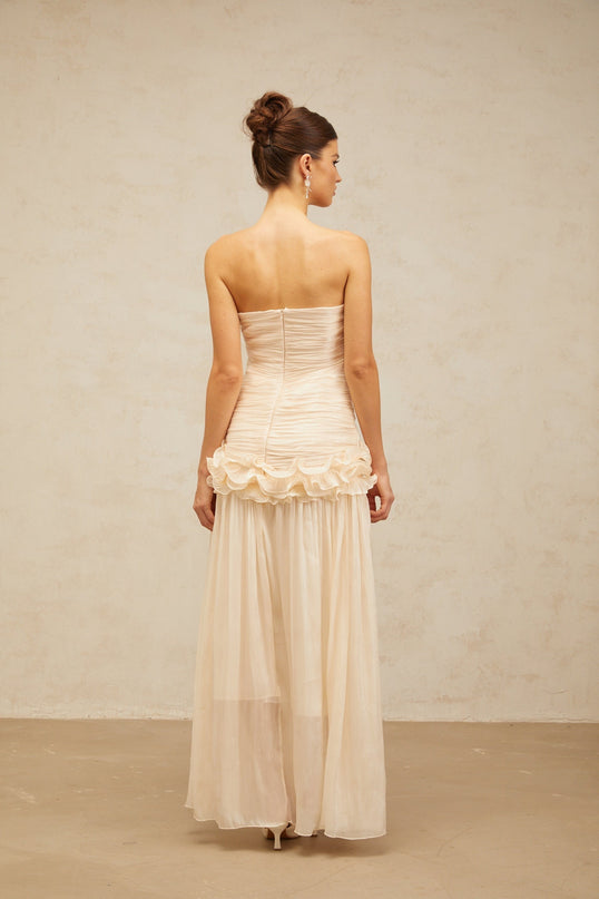 Dakota Neutrals Glitter Effect Maxi Dress Terylene Fiber Corset Strapless Pleated Skirt Ruffled Detailing Half Lining Rear Zip Fastening