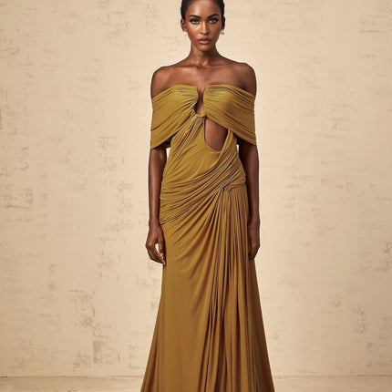 Dakota Yellow Maxi Dress Off-Shoulder Ruched Pleated Opulent Ocher Elegance Sophistication