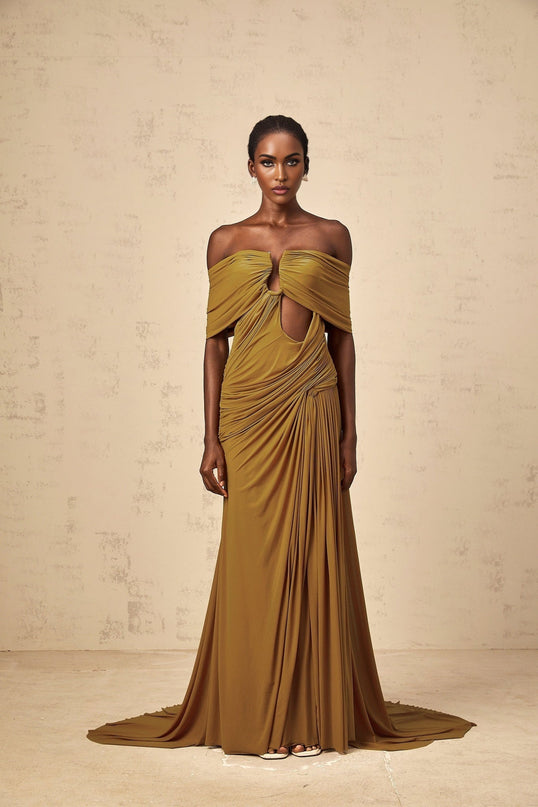 Dakota Yellow Maxi Dress Off-Shoulder Ruched Pleated Opulent Ocher Elegance Sophistication