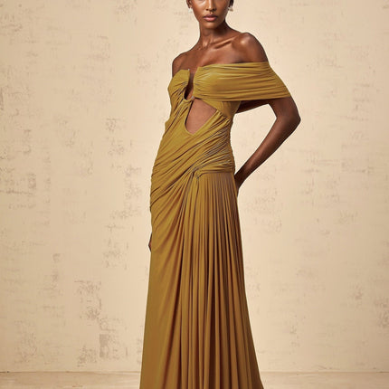 Dakota Yellow Maxi Dress with Off-Shoulder Design and Ruched Accents
