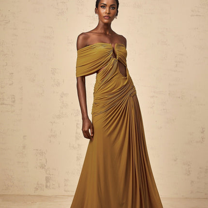 Dakota Yellow Maxi Dress with Off-Shoulder Design and Ruched Accents