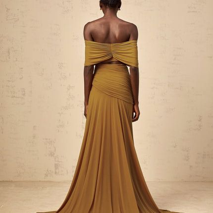 Dakota Yellow Maxi Dress with Off-Shoulder Design and Ruched Accents