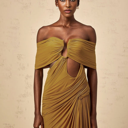 Dakota Yellow Maxi Dress with Off-Shoulder Design and Ruched Accents