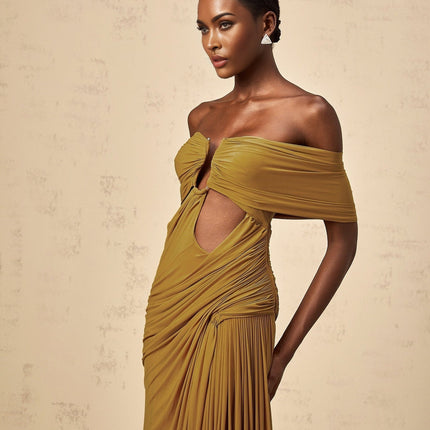 Dakota Yellow Maxi Dress with Off-Shoulder Design and Ruched Accents