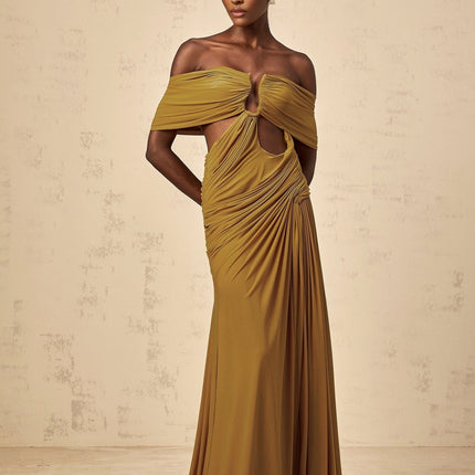 Dakota Yellow Maxi Dress with Off-Shoulder Design and Ruched Accents