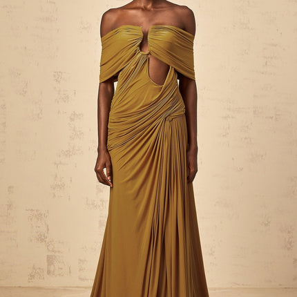 Dakota Yellow Maxi Dress with Off-Shoulder Design and Ruched Accents