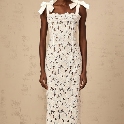 Dallas White Velvet Lace Maxi Dress with Bowknot Straps and Cut-Out Detail
