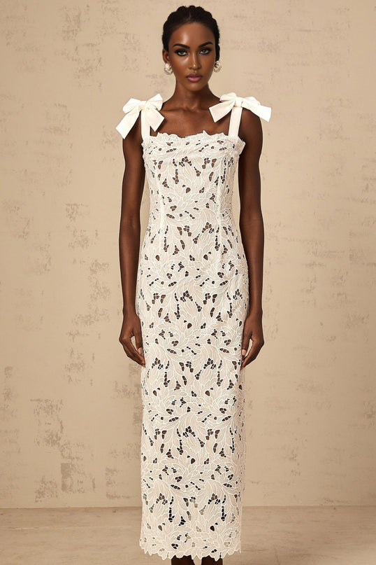 Dallas White Velvet Lace Maxi Dress with Bowknot Straps and Cut-Out Detail