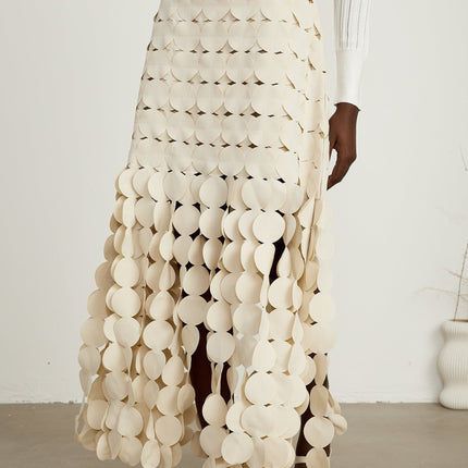 Dallas Ivory White Fabric Disc Maxi Skirt with Fringed Detailing and Half Lining