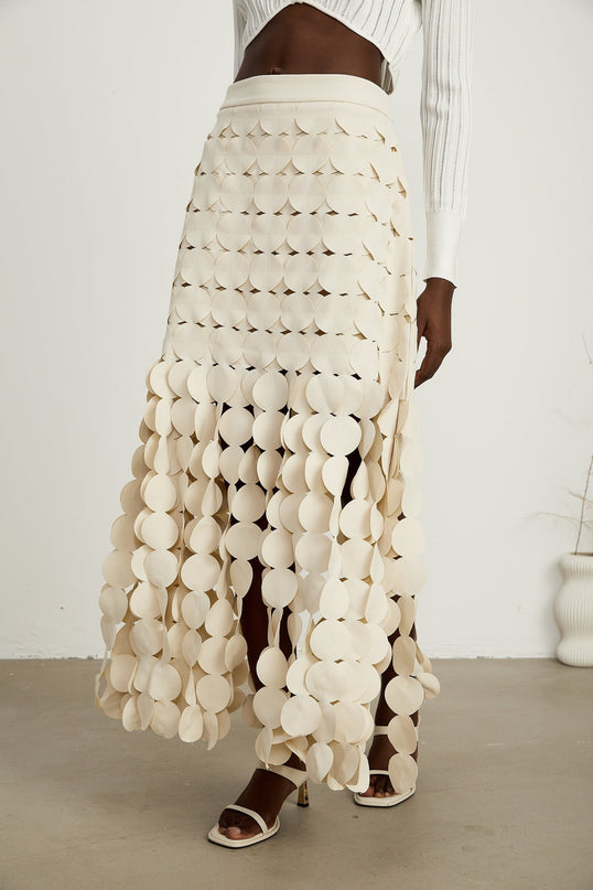 Dallas Ivory White Fabric Disc Maxi Skirt with Fringed Detailing and Half Lining