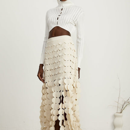 Dallas Ivory White Fabric Disc Maxi Skirt with Fringed Detailing and Half Lining