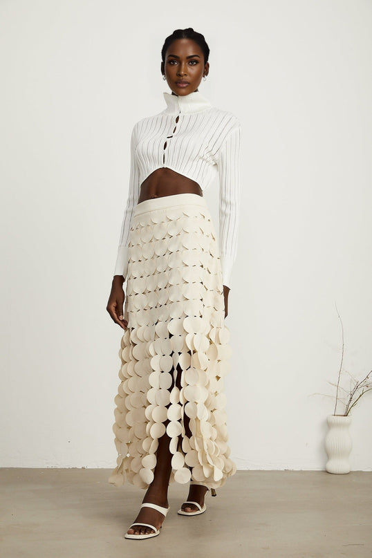 Dallas Ivory White Fabric Disc Maxi Skirt with Fringed Detailing and Half Lining