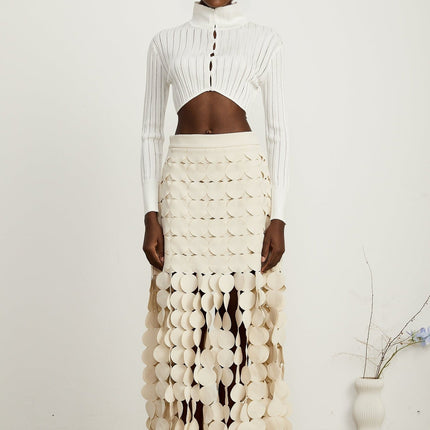 Dallas Ivory White Fabric Disc Maxi Skirt with Fringed Detailing and Half Lining