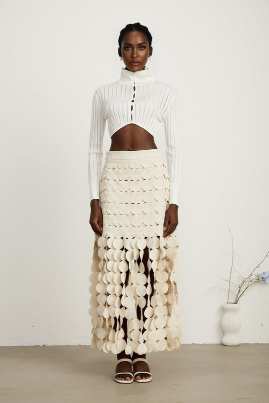 Dallas Ivory White Fabric Disc Maxi Skirt with Fringed Detailing and Half Lining