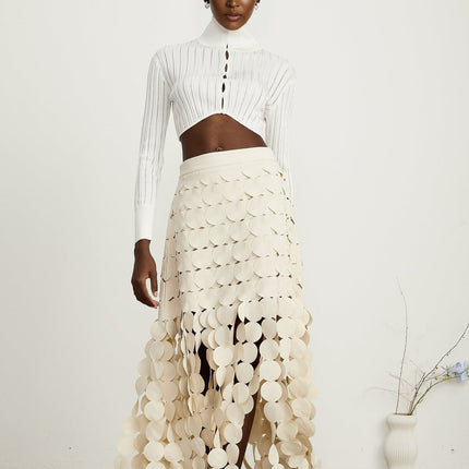 Dallas Ivory White Fabric Disc Maxi Skirt with Fringed Detailing and Half Lining