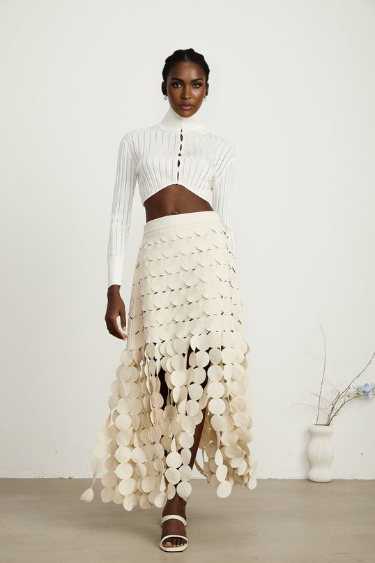 Dallas Ivory White Fabric Disc Maxi Skirt with Fringed Detailing and Half Lining