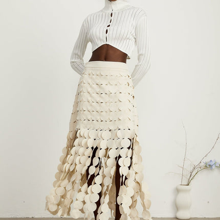Dallas Ivory White Fabric Disc Maxi Skirt with Fringed Detailing