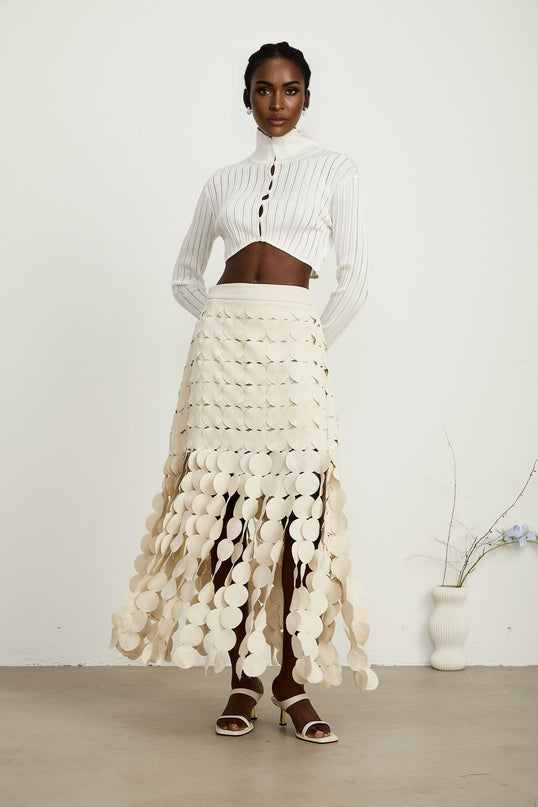Dallas Ivory White Fabric Disc Maxi Skirt with Fringed Detailing
