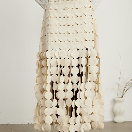 Dallas Ivory White Fabric Disc Maxi Skirt with Fringed Detailing