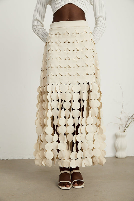 Dallas Ivory White Fabric Disc Maxi Skirt with Fringed Detailing
