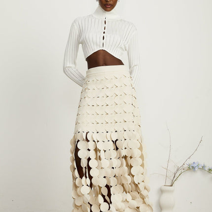 Dallas Ivory White Fabric Disc Maxi Skirt with Fringed Detailing