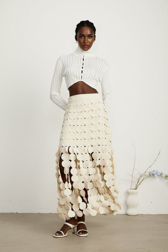 Dallas Ivory White Fabric Disc Maxi Skirt with Fringed Detailing