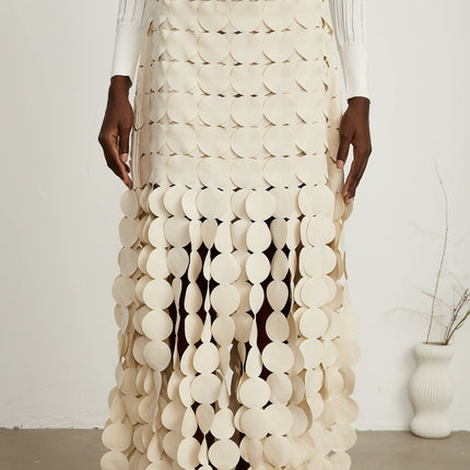 Dallas Ivory White Fabric Disc Maxi Skirt with Fringed Detailing and Half Lining
