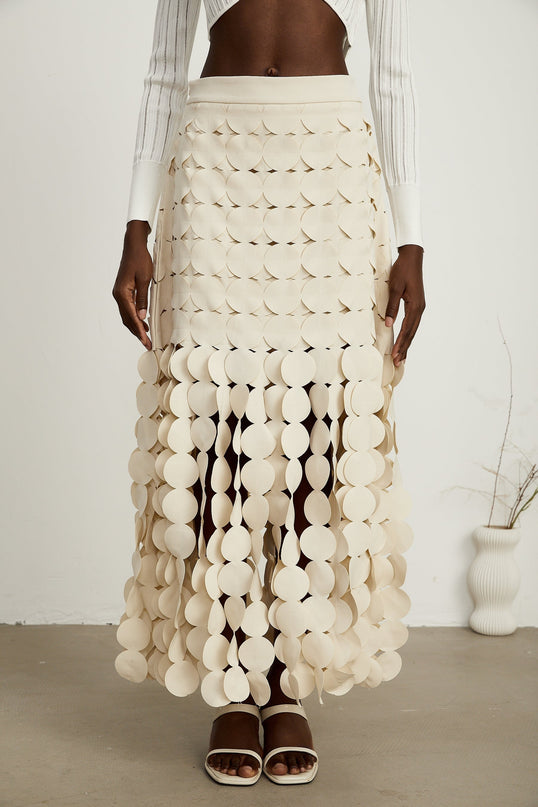 Dallas Ivory White Fabric Disc Maxi Skirt with Fringed Detailing and Half Lining