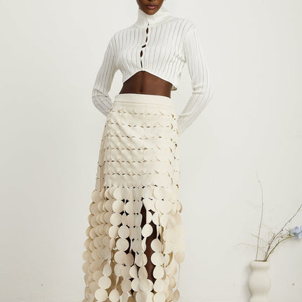 Dallas Ivory White Fabric Disc Maxi Skirt with Fringed Detailing