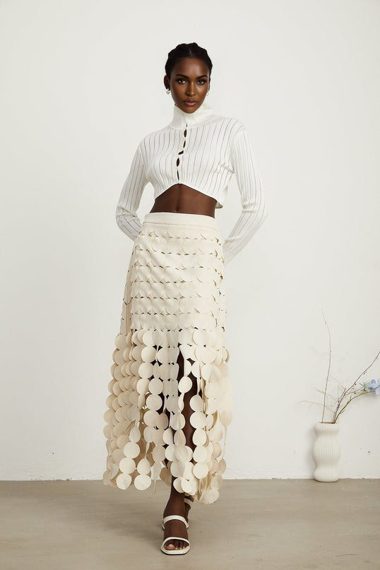 Dallas Ivory White Fabric Disc Maxi Skirt with Fringed Detailing