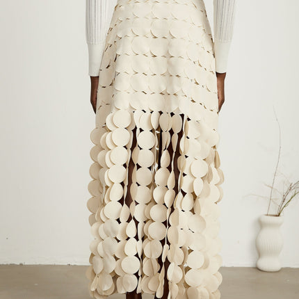 Dallas Ivory White Fabric Disc Maxi Skirt with Fringed Detailing and Half Lining