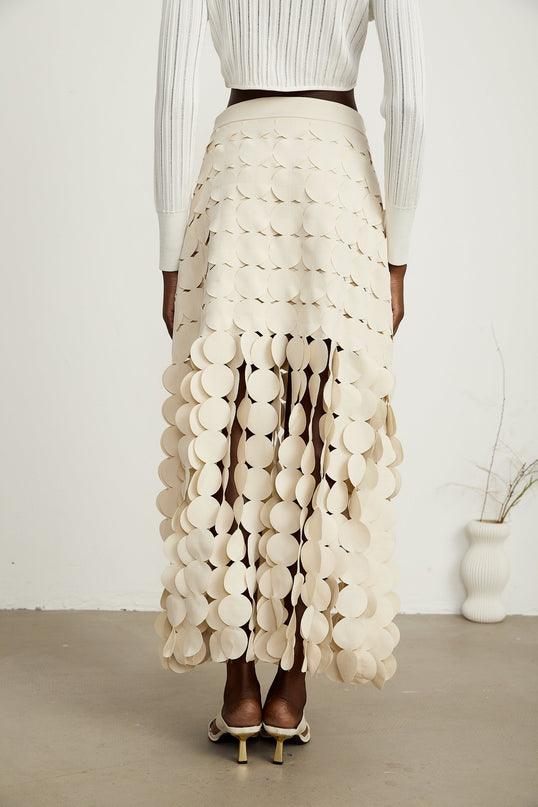 Dallas Ivory White Fabric Disc Maxi Skirt with Fringed Detailing and Half Lining