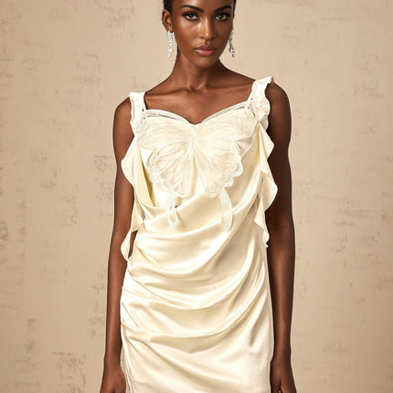 Dallas Mini Dress in Neutrals Butterfly Applique Satin Finish Wide Straps Sleeveless Draping Ruched Detailing Cut-Out Design Rear Zip Fastening Thigh Length 100% Terylene Fiber