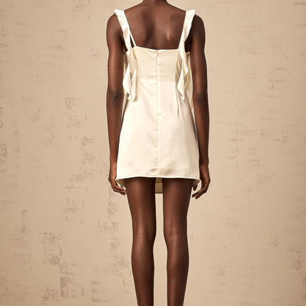 Dallas Neutrals Butterfly Appliqué Mini Dress Satin Finish Ruched Detailing Cut-Out Design Rear Zip Fastening Thigh Length 100% Terylene Fiber