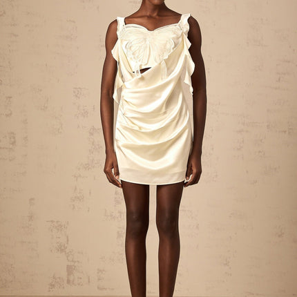 Dallas Neutrals Butterfly Applique Mini Dress Satin Finish Wide Straps Sleeveless Ruched Detailing Cut-Out Design Rear Zip Fastening Thigh Length Charm Allure Luxury 100% Terylene Fiber