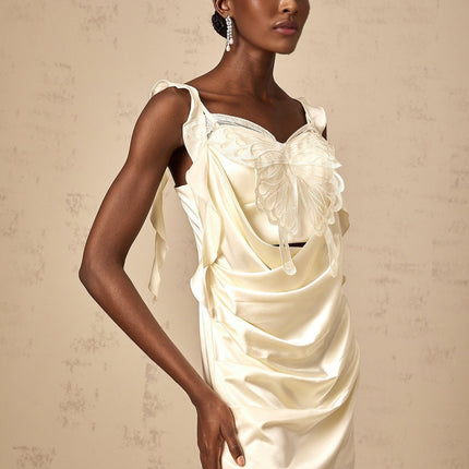 Dallas Neutrals Butterfly Applique Satin Mini Dress Wide Straps Sleeveless Ruched Cut-Out Design Rear Zip Fastening Thigh Length Charm Allure Luxury 100% Terylene Fiber