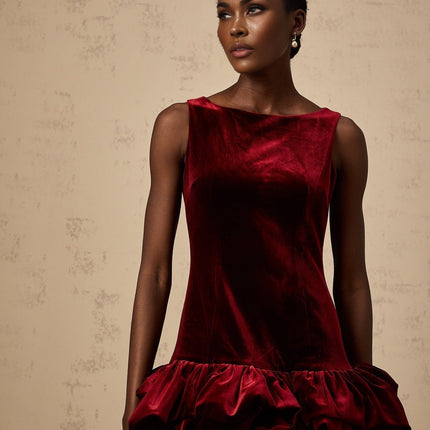 Dallas Red Velvet Mini Dress with Bateau Neck and Peplum Hem