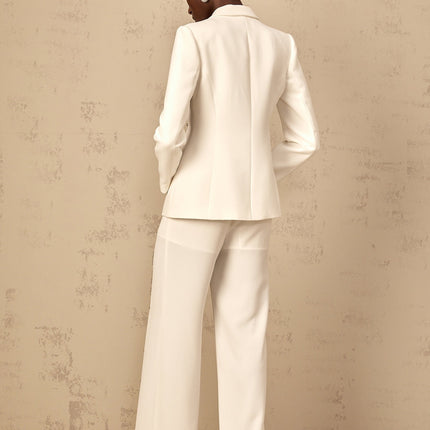 Dallas White Blazer Trousers Set Wide Leg Peak Lapels Cinched Waist Cut Out Design Rhinestone Embellishment Straight Hem Side Welt Pockets Luxurious Blend Terylene Fiber Spandex Modern Elegance Timeless Appeal