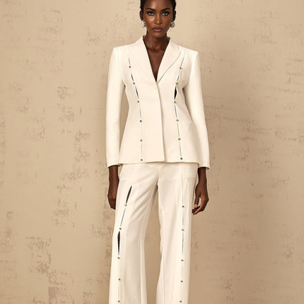 Dallas White Blazer Trousers Set Wide Leg peak lapels cinched waist cut-out design rhinestone embellishment straight hem side welt pockets Terylene Spandex modern elegance timeless appeal