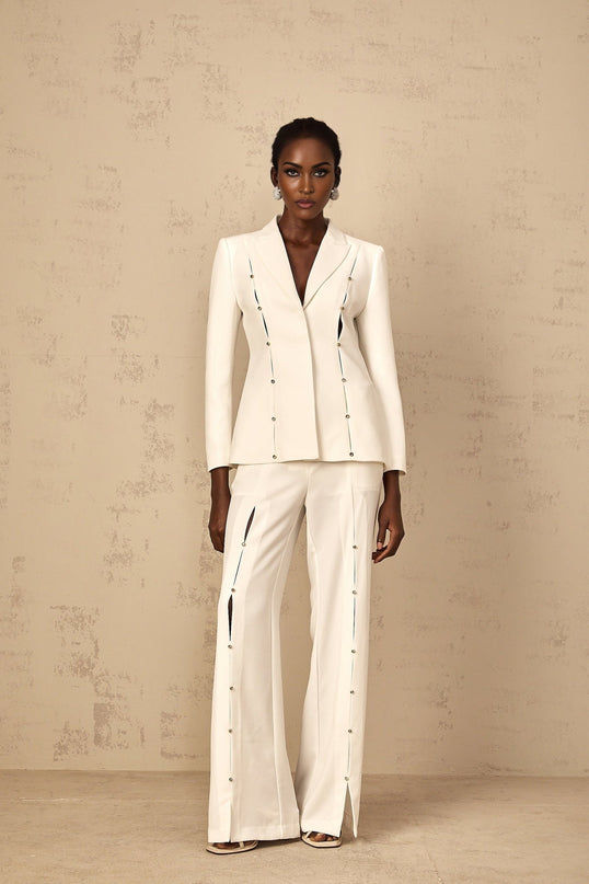Dallas White Blazer Trousers Set Wide Leg peak lapels cinched waist cut-out design rhinestone embellishment straight hem side welt pockets Terylene Spandex modern elegance timeless appeal