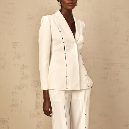 Dallas White Blazer Trousers Set Wide Leg Peak Lapels Cinched Waist Cut-Out Design Rhinestone Embellishment Straight Hem Side Welt Pockets Luxurious Blend Terylene Spandex Modern Elegance Timeless Appeal