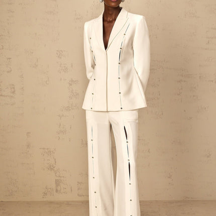 Dallas White Blazer Trousers Set Wide Leg Peak Lapels Cinched Waist Cut-Out Design Rhinestone Embellishment Straight Hem Side Welt Pockets Luxurious Blend Terylene Fiber Spandex Modern Elegance Timeless Appeal
