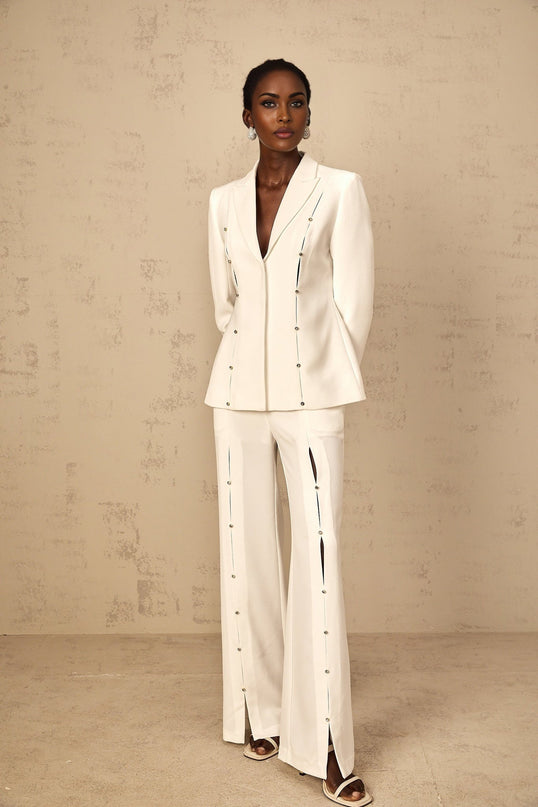 Dallas White Blazer Trousers Set Wide Leg Peak Lapels Cinched Waist Cut-Out Design Rhinestone Embellishment Straight Hem Side Welt Pockets Luxurious Blend Terylene Fiber Spandex Modern Elegance Timeless Appeal