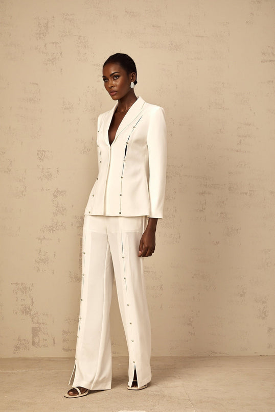 Dallas White Blazer and Trousers Set Wide Leg