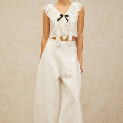 Dallas White Chiffon Ruffled Bowknot Cropped Top