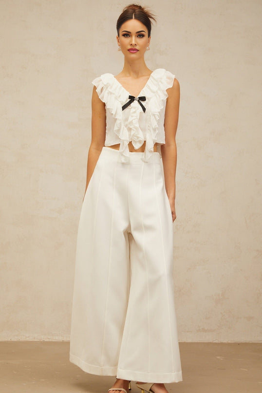 Dallas White Chiffon Ruffled Bowknot Cropped Top