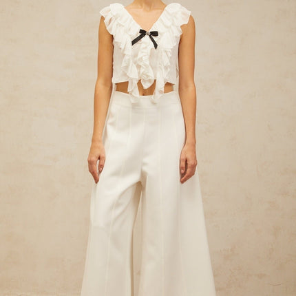 Dallas White Chiffon Ruffled Bowknot Cropped Top